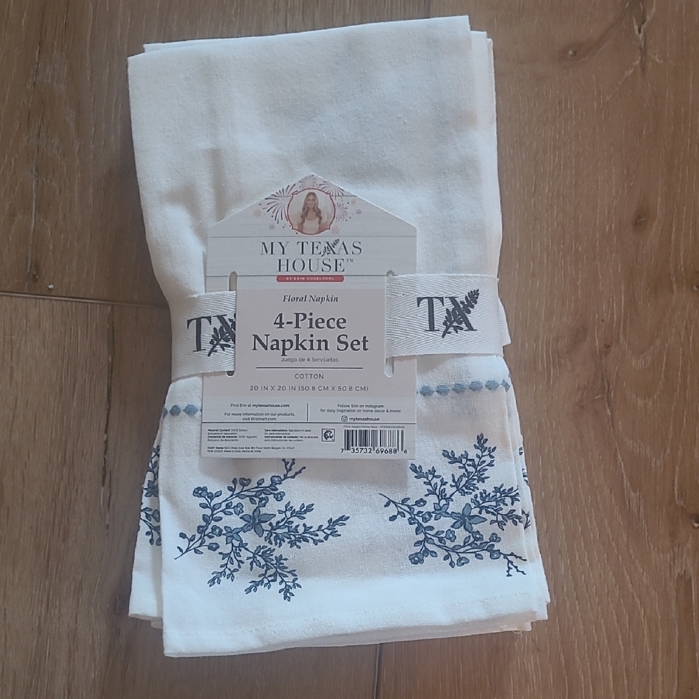 My Texas House 4-Piece Floral Cotton Napkin Set - White & Blue